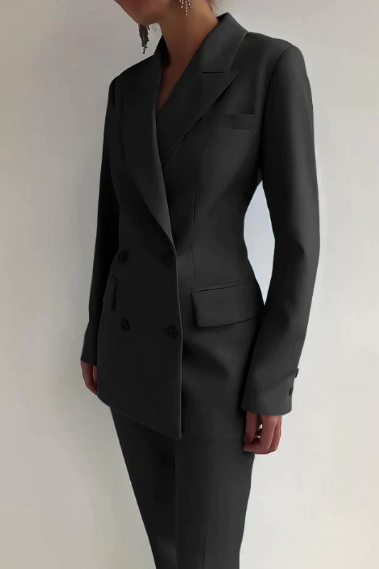 Black Women’s Double-Breasted Tailored Fit Blazer & Trousers Set on the model