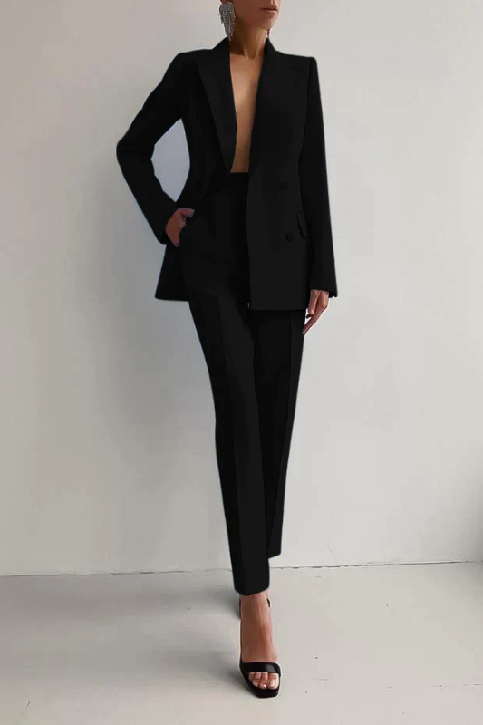 Black Women’s Double-Breasted Tailored Fit Blazer & Trousers Set on the model