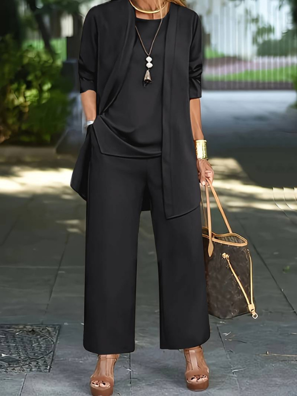 Black Women’s Everyday Comfort Three-Piece Lounge Set on the model