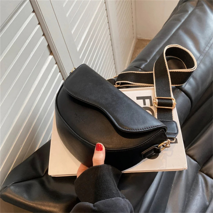 Black Women’s Half-Moon  Wide Strap Shoulder Bag on the model