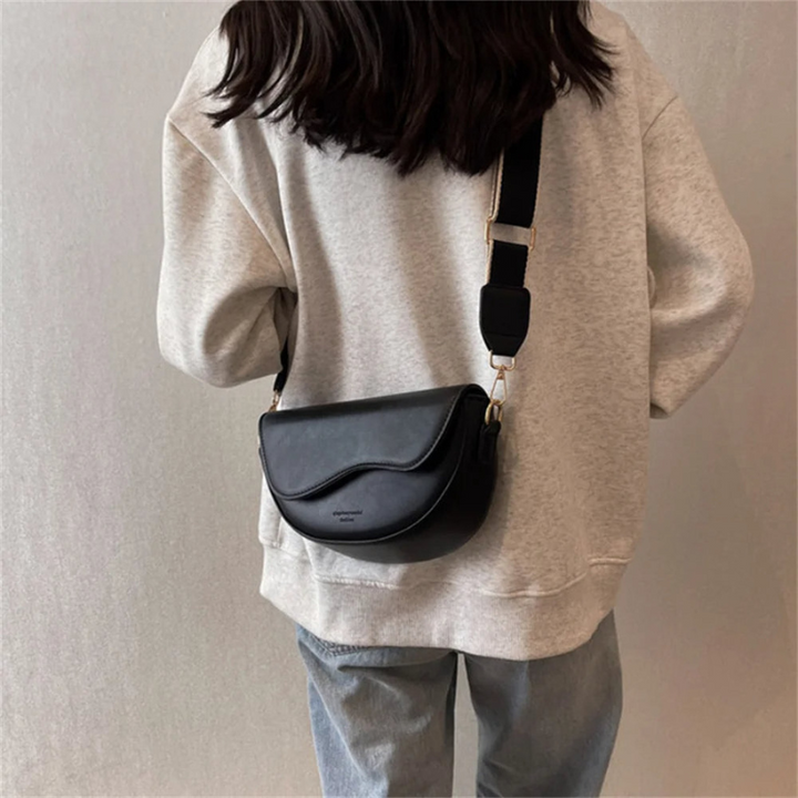 Black Women’s Half-Moon  Wide Strap Shoulder Bag on the model