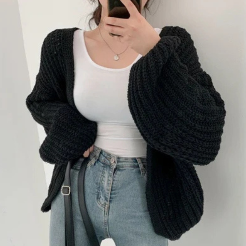 Black Women’s Lantern Sleeve Vintage Cardigan on the model