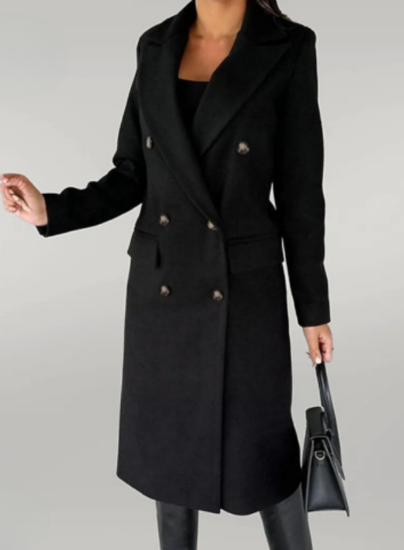 Black Women’s Long Double-Breasted Tailored Fit Coat on the model