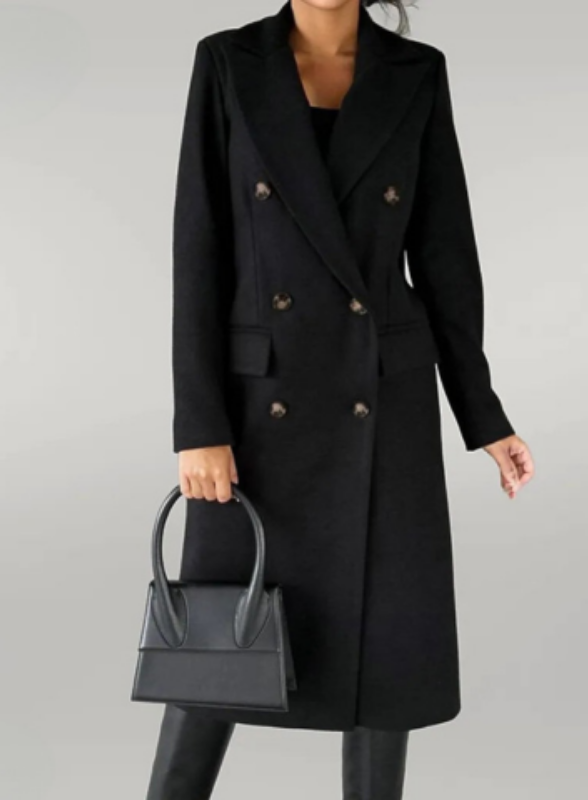 Black Women’s Long Double-Breasted Tailored Fit Coat on the model