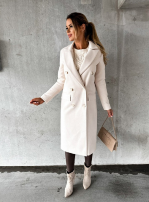 Beige Women’s Long Double-Breasted Tailored Fit Coat on the model