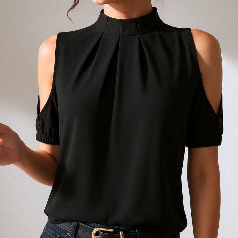 Black Women’s Long Sleeve Keyhole Neckline Pleated Blouse on the model