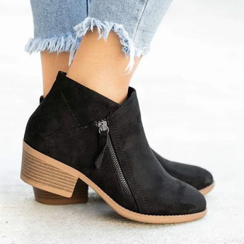 Black Women’s PU Leather Comfort Ankle Boots on the model