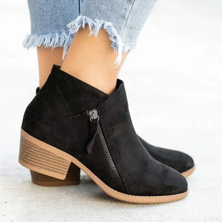 Black Women’s PU Leather Comfort Ankle Boots on the model