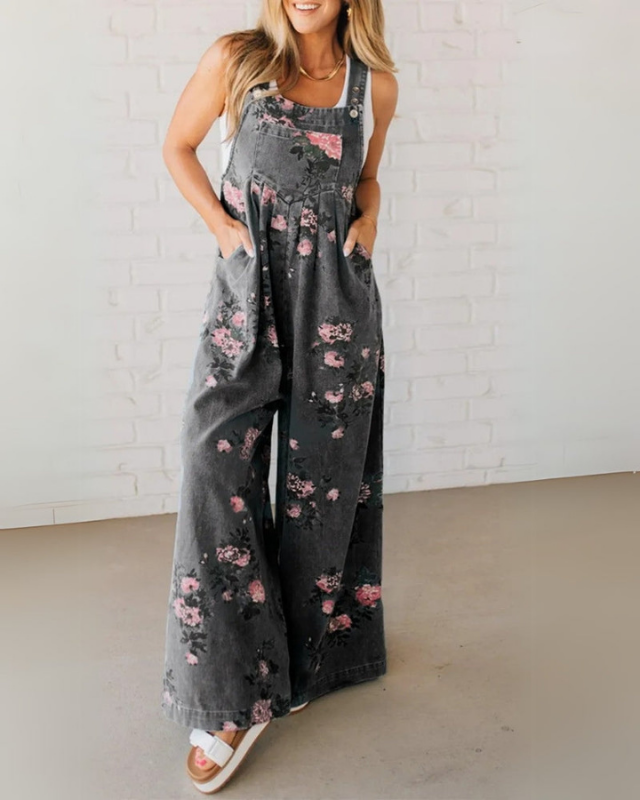 Black Women’s Pocketed Casual Printed Overalls on the model