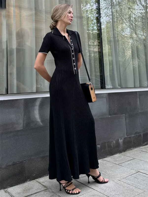 Women’s Ribbed Knit Maxi Dress with Collared V-Neck Buttoned