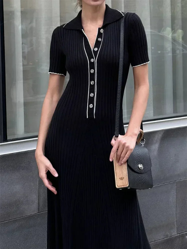 Women’s Ribbed Knit Maxi Dress with Collared V-Neck Buttoned