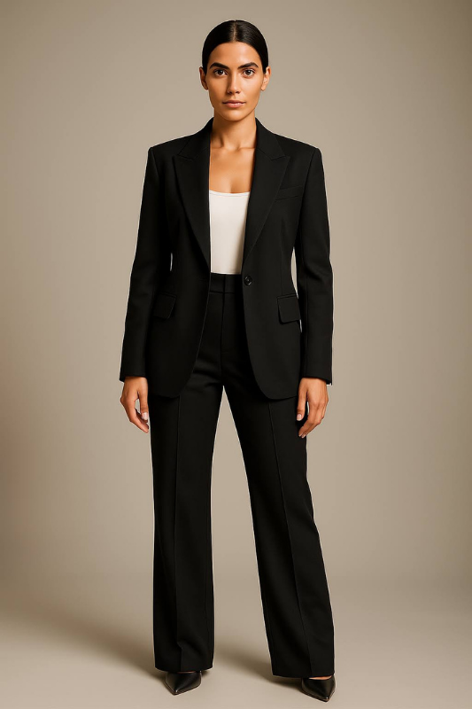 Black Women’s Slim Blazer & Wide-Leg Pants Two-Piece Suit on the model