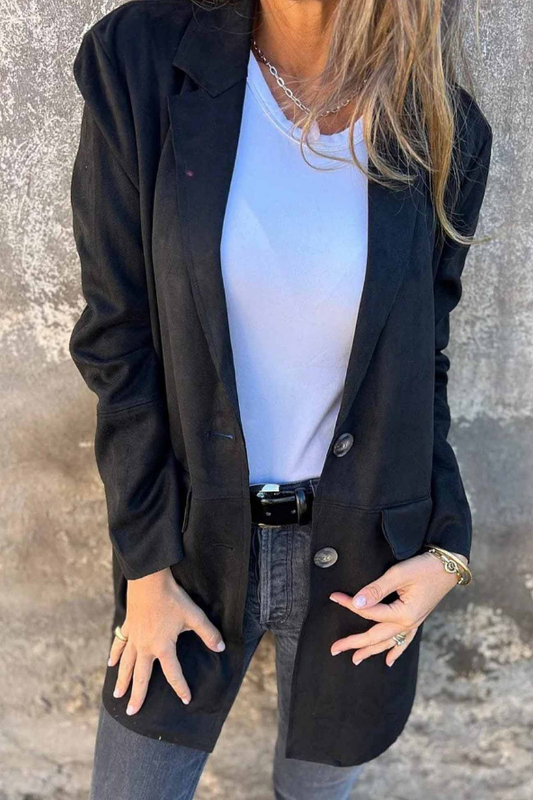 Black Women’s Tailored Two-Button Blazer on the model