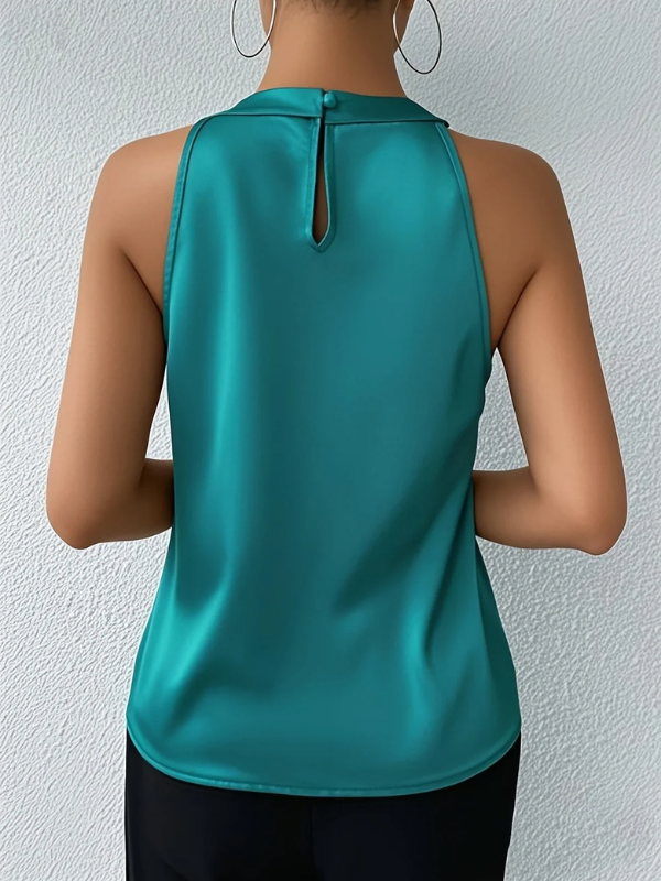 Blue Green Women’s Elegant Pleated Halter Neck Blouse on the model