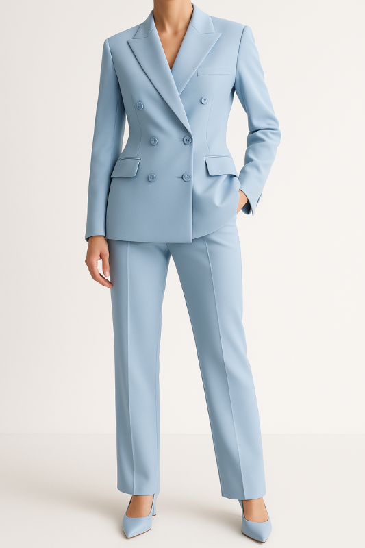 Blue Women’s Double-Breasted Tailored Fit Blazer & Trousers Set on the model