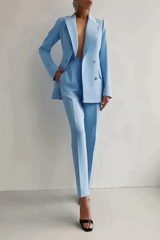 Blue Women’s Double-Breasted Tailored Fit Blazer & Trousers Set on the model