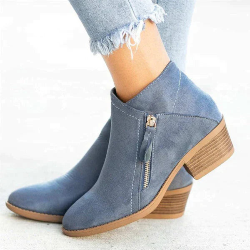 Blue Women’s PU Leather Comfort Ankle Boots on the model