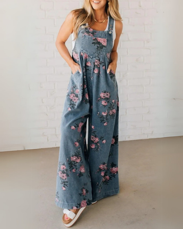 Blue Women’s Pocketed Casual Printed Overalls on the model