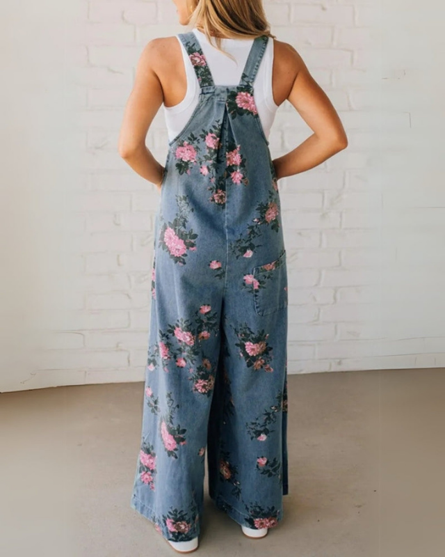 Blue Women’s Pocketed Casual Printed Overalls on the model