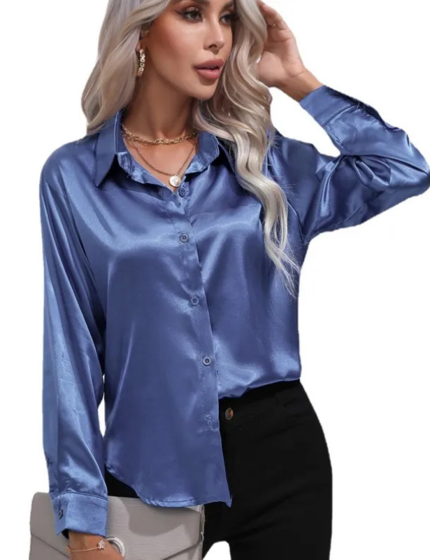 Blue Women’s Relaxed Button-Up Blouse on the model