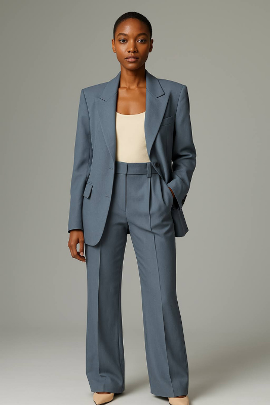 Blue Women’s Slim Blazer & Wide-Leg Pants Two-Piece Suit on the model