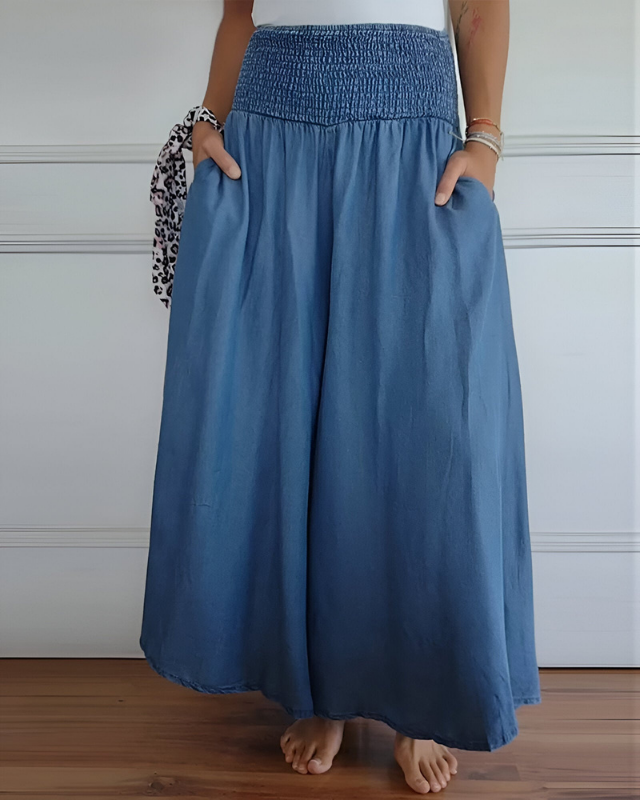 Blue Women’s Stretch-Waist Flowy Casual Skirt on the model