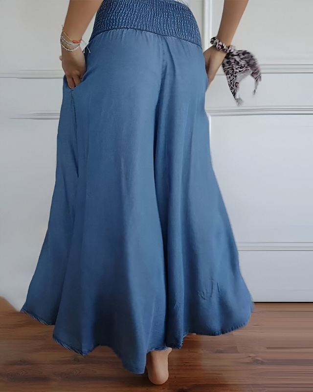 Blue Women’s Stretch-Waist Flowy Casual Skirt on the model