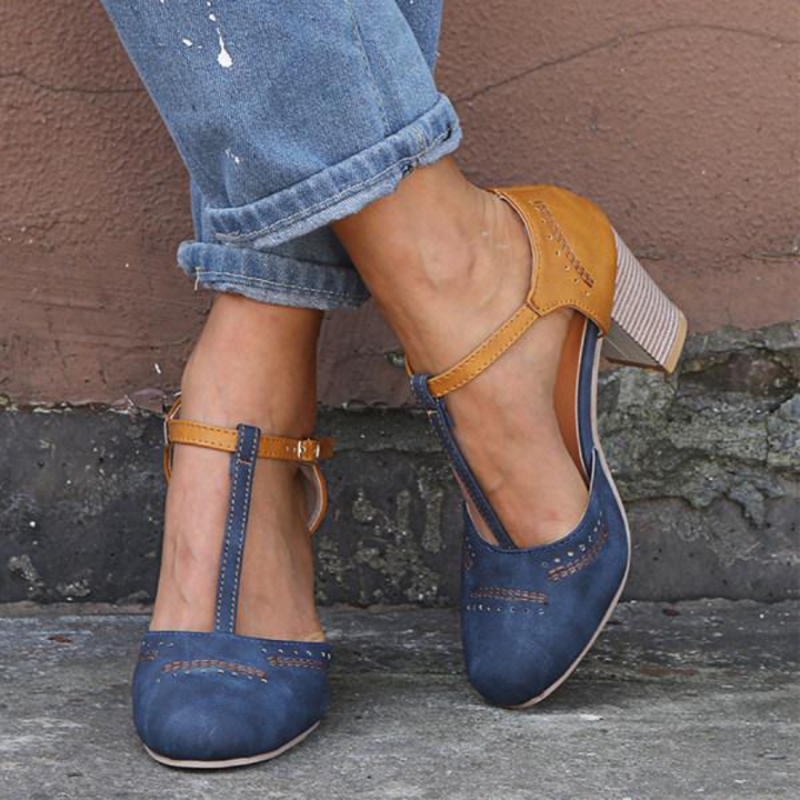 Blue Women’s Supportive Fit 8cm Comfort Heeled Pumps on the model