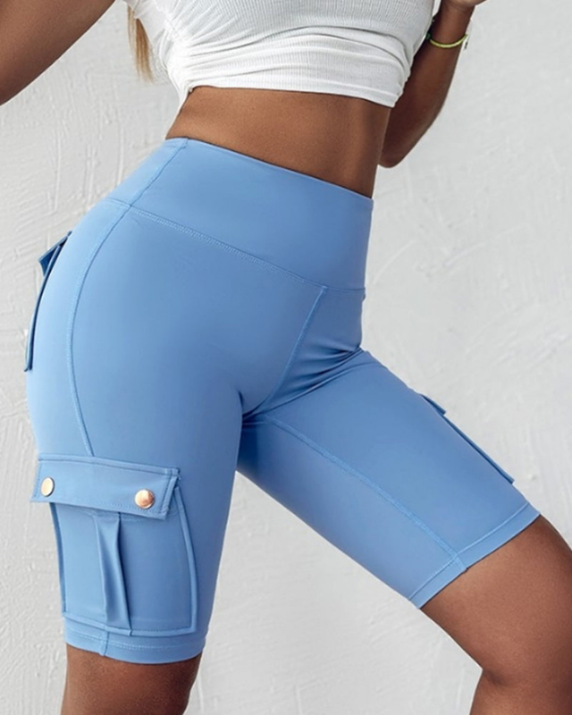 Blue Women’s Tie-Belt High-Waisted Rolled Hem Shorts on the model