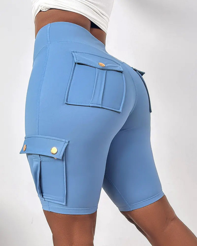Blue Women’s Tie-Belt High-Waisted Rolled Hem Shorts on the model