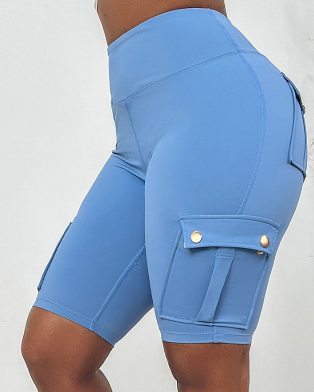Blue Women’s Tie-Belt High-Waisted Rolled Hem Shorts on the model