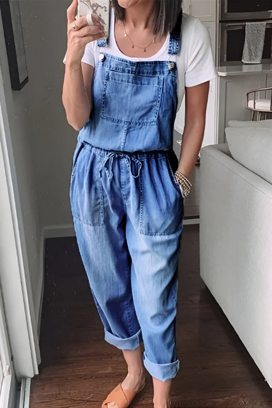 Blue Women’s Adjustable Waist Relaxed Jumpsuit on the model
