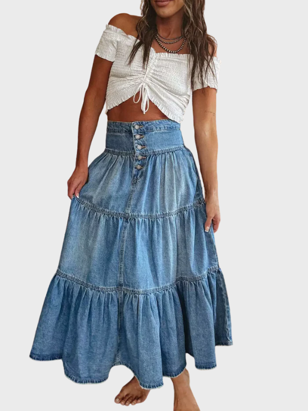 Boho Chic Denim Maxi Skirt