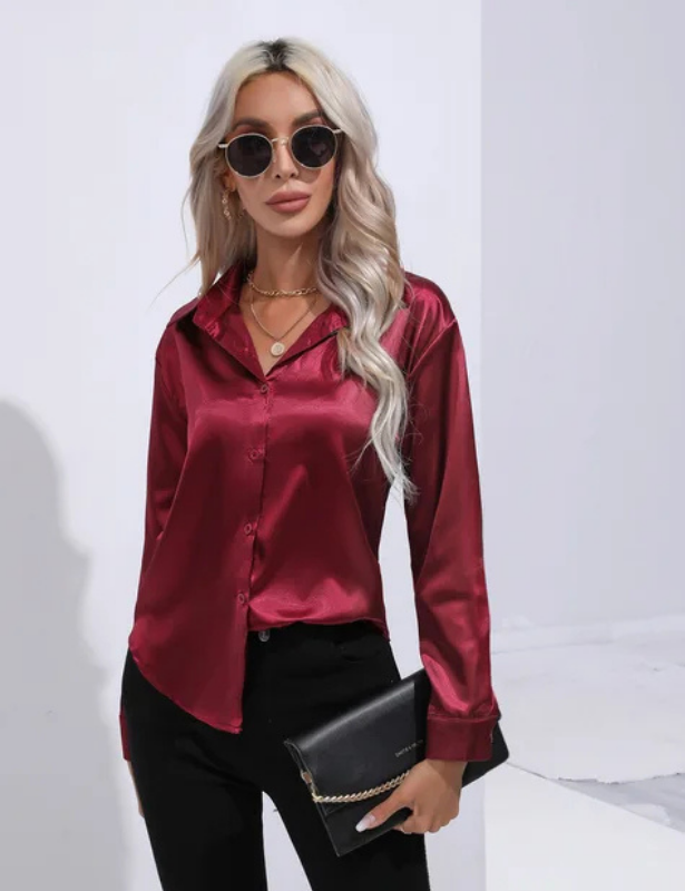 Brick Red Women’s Relaxed Button-Up Blouse on the model