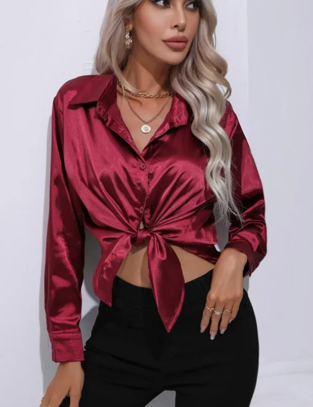 Brick Red Women’s Relaxed Button-Up Blouse on the model