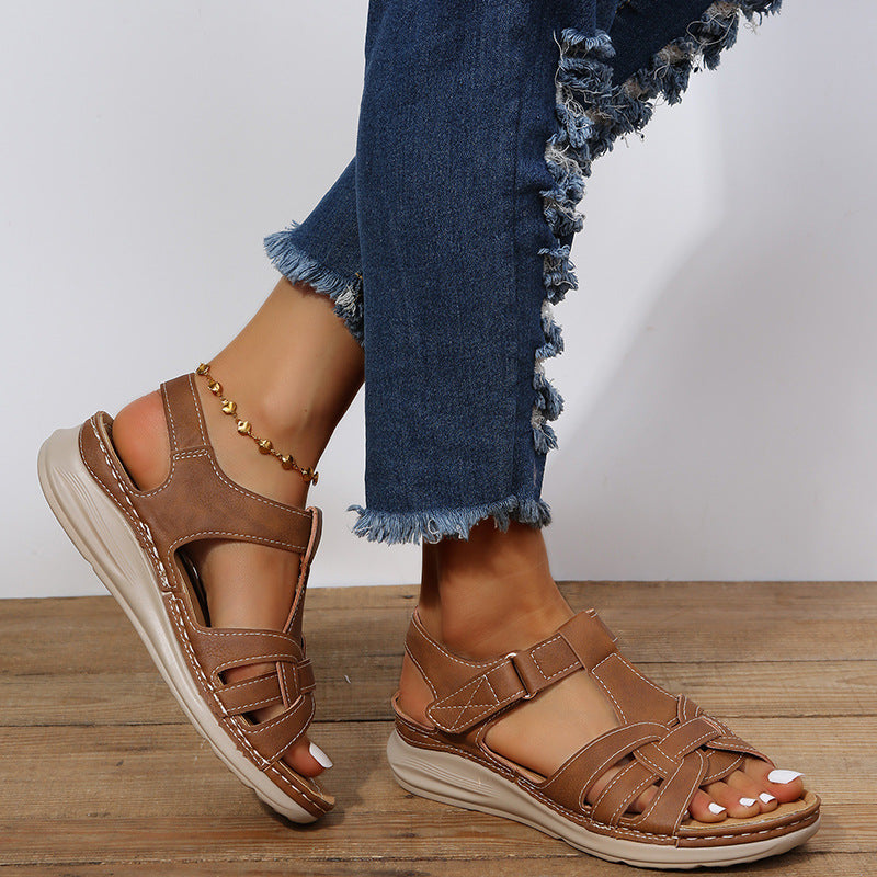 Brown Women’s Adjustable Comfort Velcro Sandals on the model