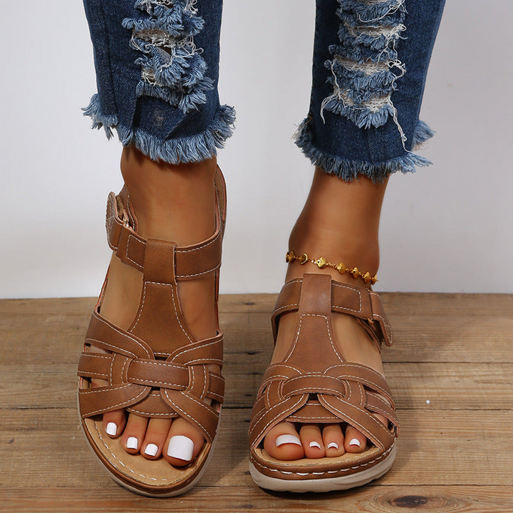 Brown Women’s Adjustable Comfort Velcro Sandals on the model
