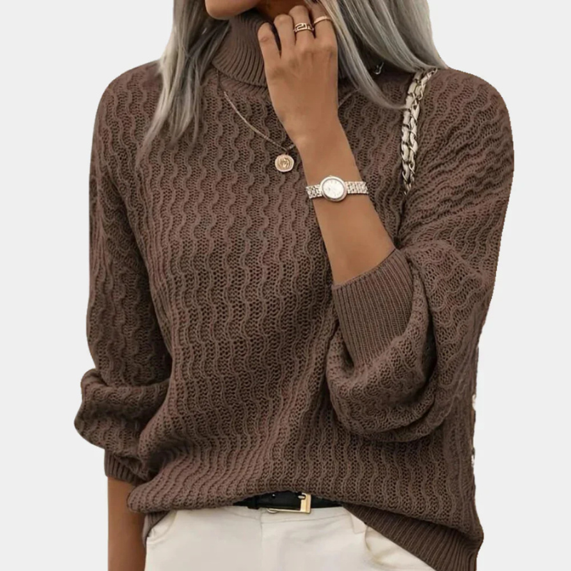 Brown Women’s Argyle Stretch-Fit Turtleneck Sweater on the model