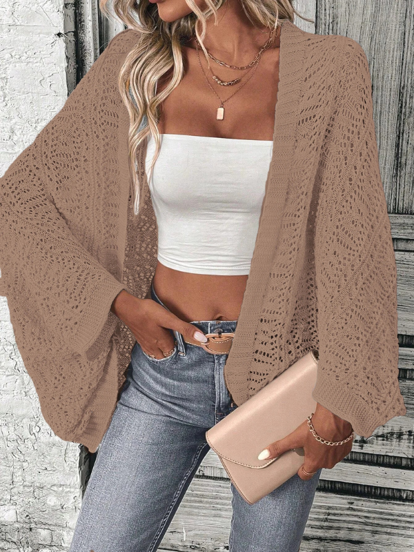 Brown Women’s Elegant Knitted Cardigan Set with Batwing Sleeves on the model