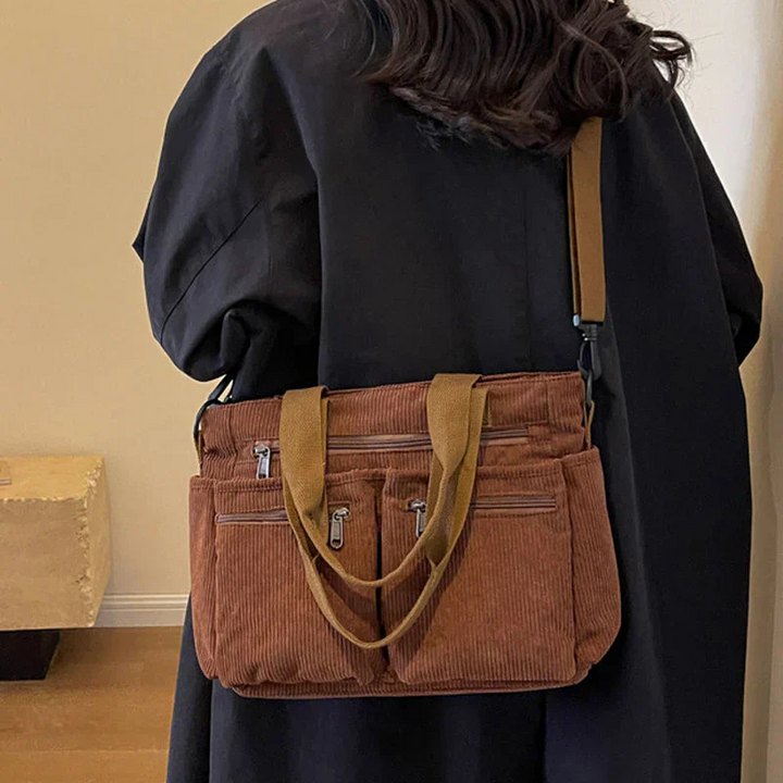 Brown Women’s Everyday Multi-Pocket Bag on the model