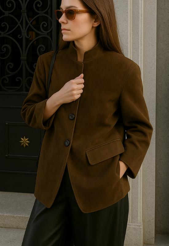 Brown Women’s Modern Edge Oversized Blazer with Soft Structure on the model 