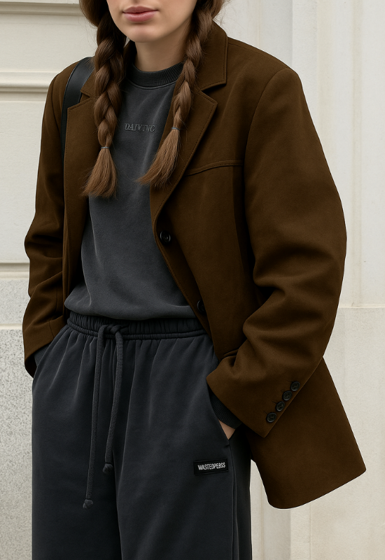 Brown Women’s Modern Edge Oversized Blazer with Soft Structure on the model 