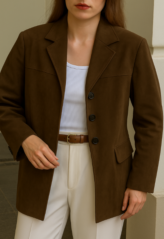 Brown Women’s Modern Edge Oversized Blazer with Soft Structure on the model 