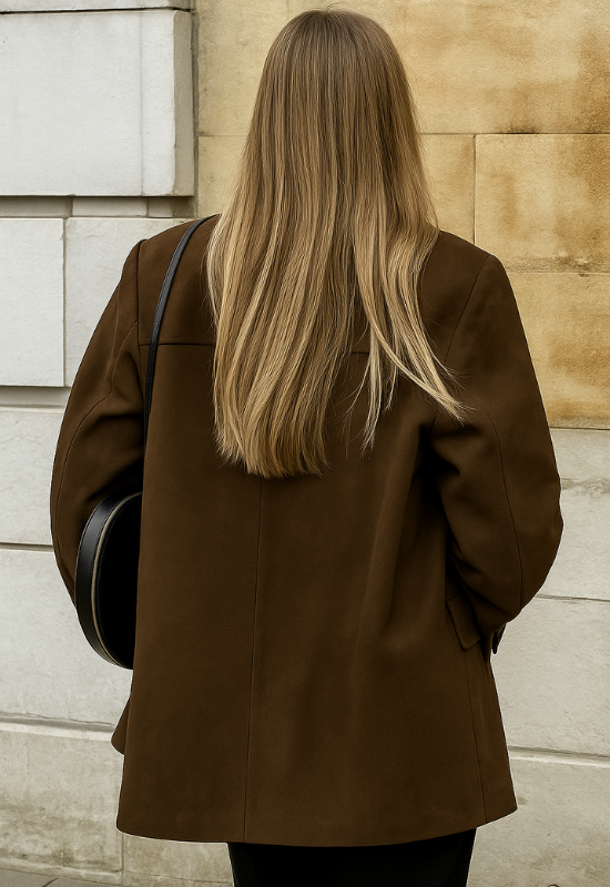 Brown Women’s Modern Edge Oversized Blazer with Soft Structure on the model 