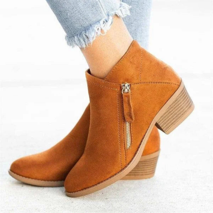 Brown Women’s PU Leather Comfort Ankle Boots on the model