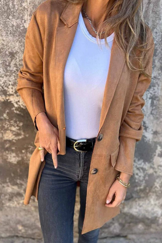 Brown Women’s Tailored Two-Button Blazer on the model