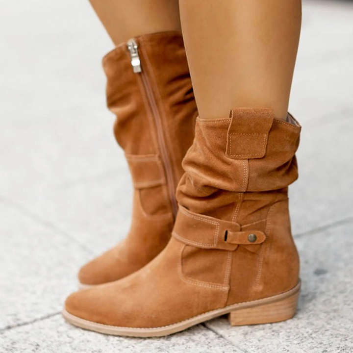 Brown Women’s Comfortable Everyday Fit Suede Boots on the model