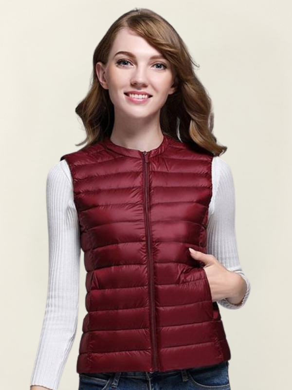 Burgundy Women’s Sleeveless Insulated Water-Repellent Vest on the model