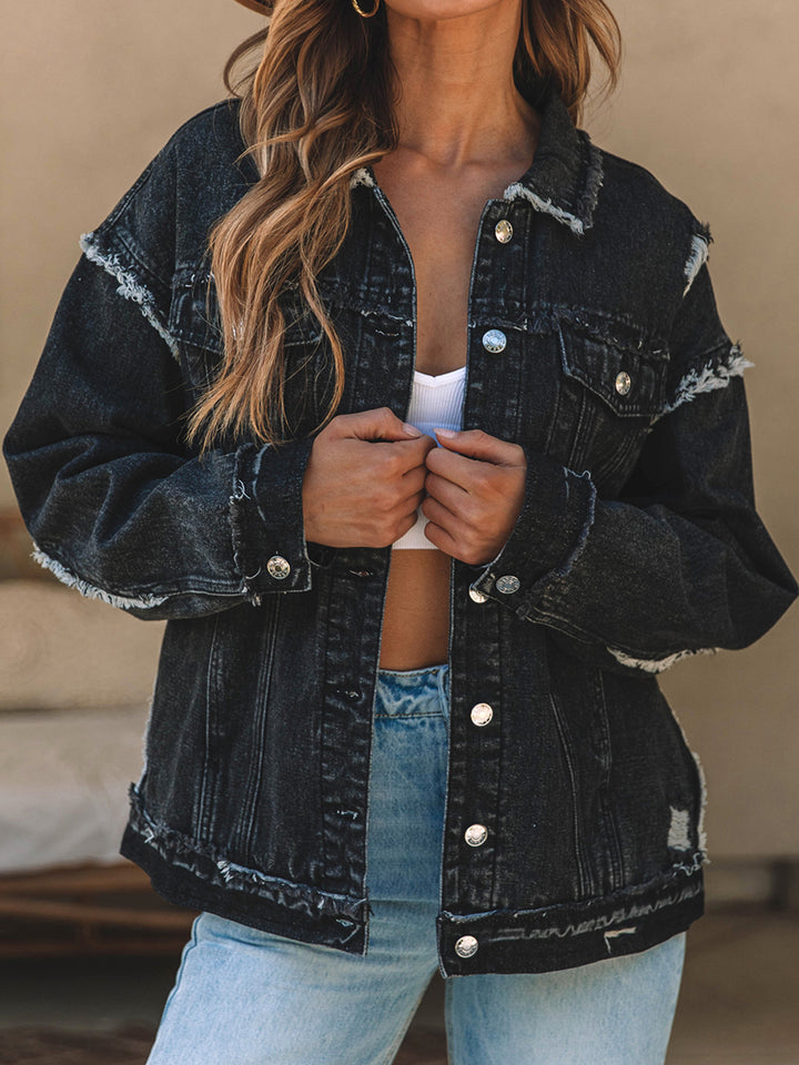 Nelly | Women's Button Up Raw Hem Distressed Denim Jacket