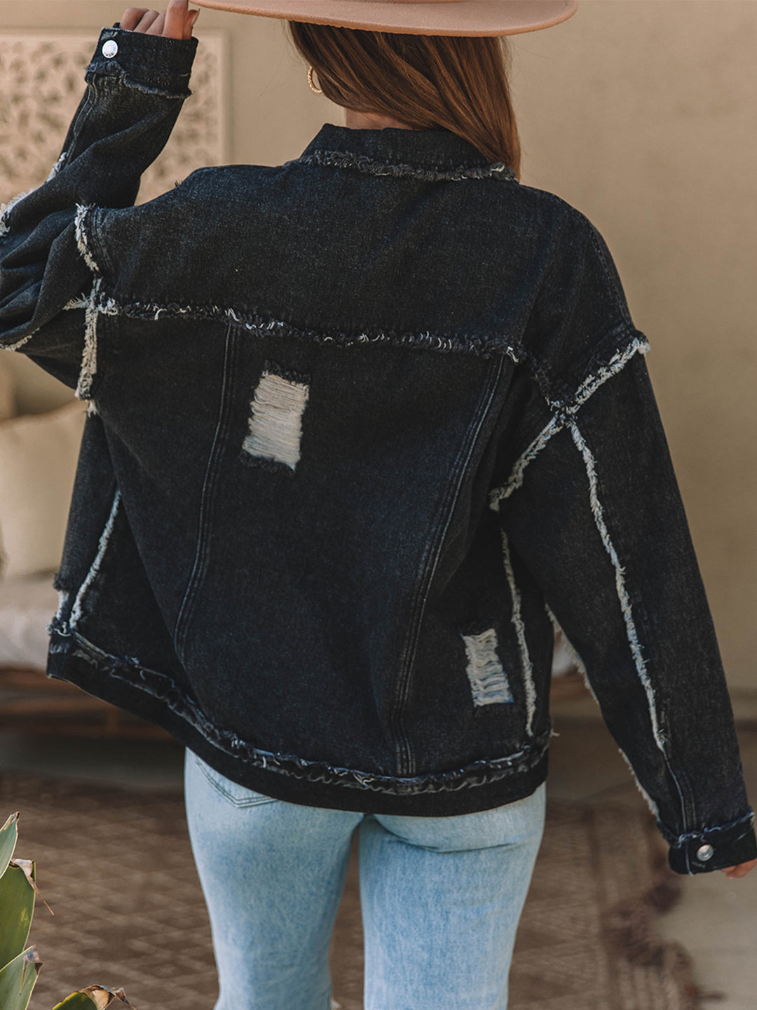 Nelly | Women's Button Up Raw Hem Distressed Denim Jacket